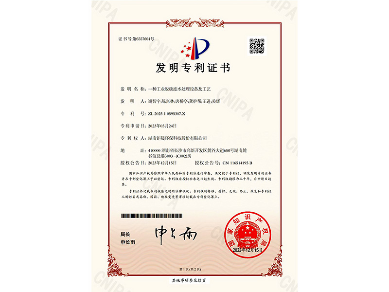 發(fā)明專利：一種工業(yè)脫硫廢水處理設(shè)備及工藝